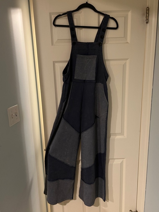 Yak N Yeti Pants - Patchwork Wide-Leg Denim Overalls - Dark Blue/Charcoal